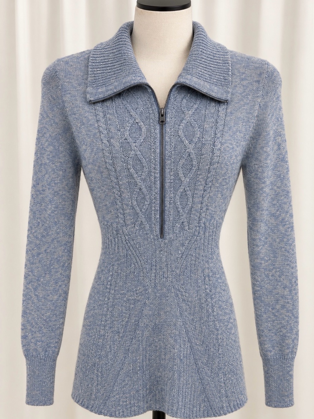 Free People Light Blue Cable-Knit Half-Zip Sweater